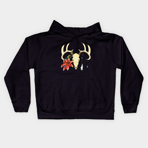 Deer Skull with red lilies Kids Hoodie by Lukascreaturestudio 